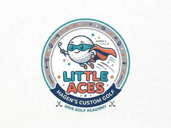 Logo of a kids golf academy with a superhero golf ball character.