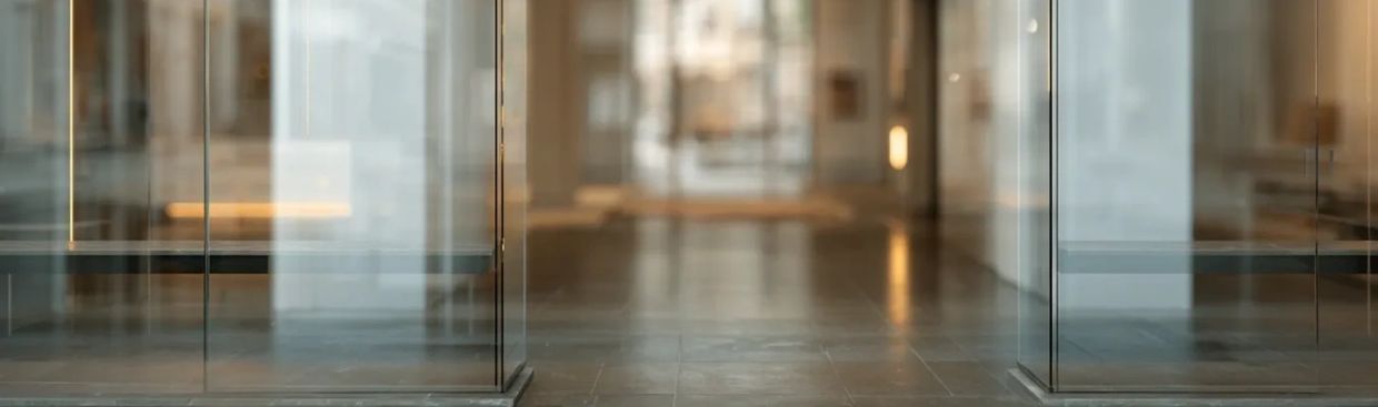 Glass-walled office corridor showing clear separation and perspective through structure.