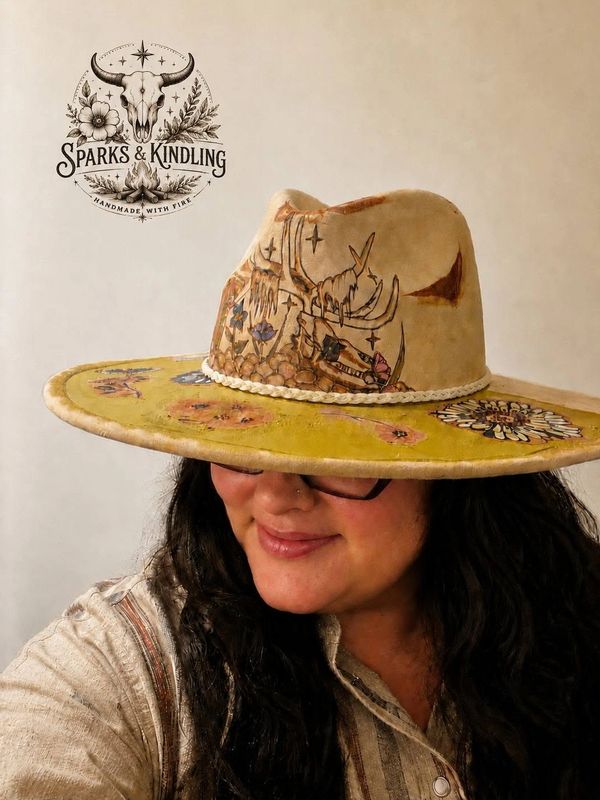 Woman wearing a decorated wide-brim hat and glasses.