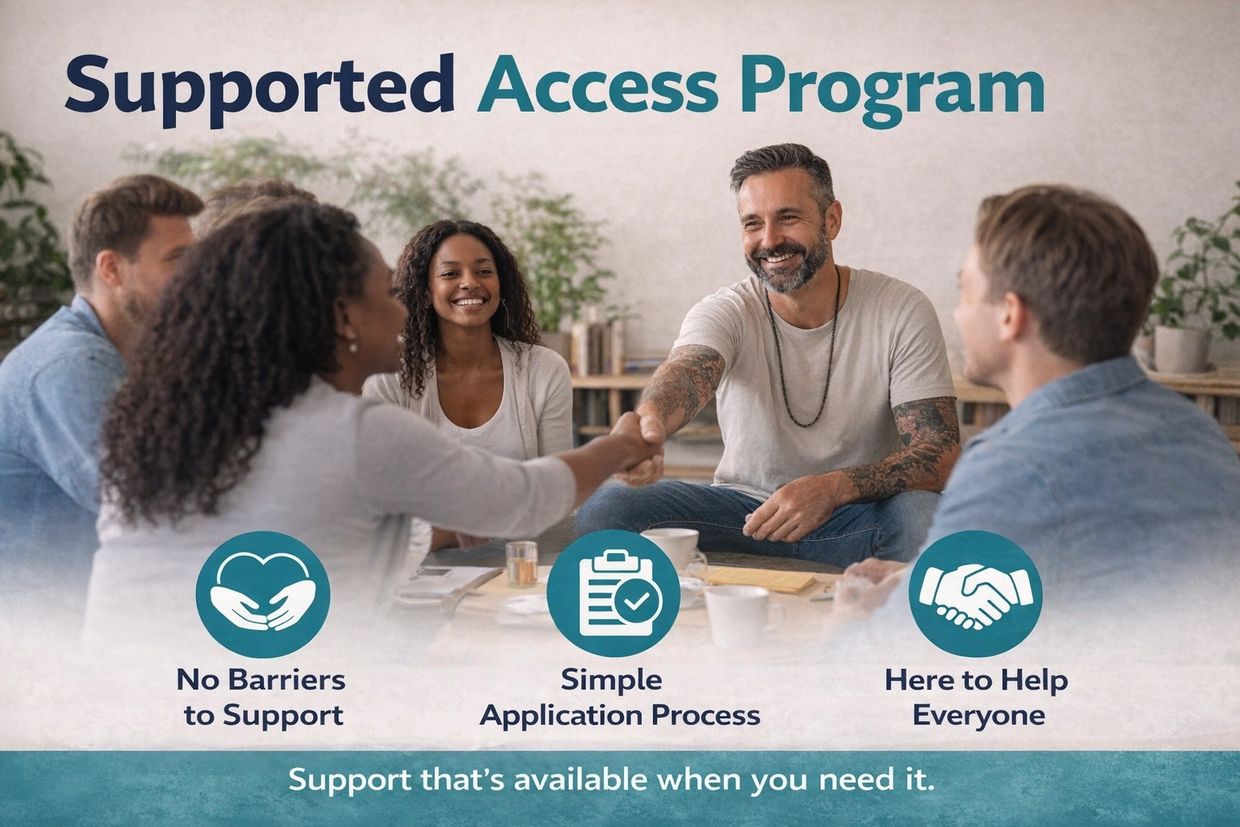 Group shaking hands promoting Supported Access Program benefits.