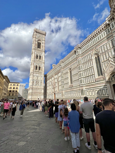 Giotto’s Tower and the long line to gain entry into the Duomo of Florence