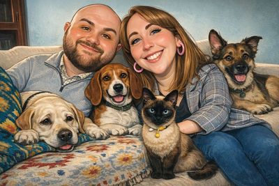 A happy couple posing with three dogs and a cat on a couch.
