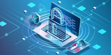 Digital security illustration with laptop and lock.