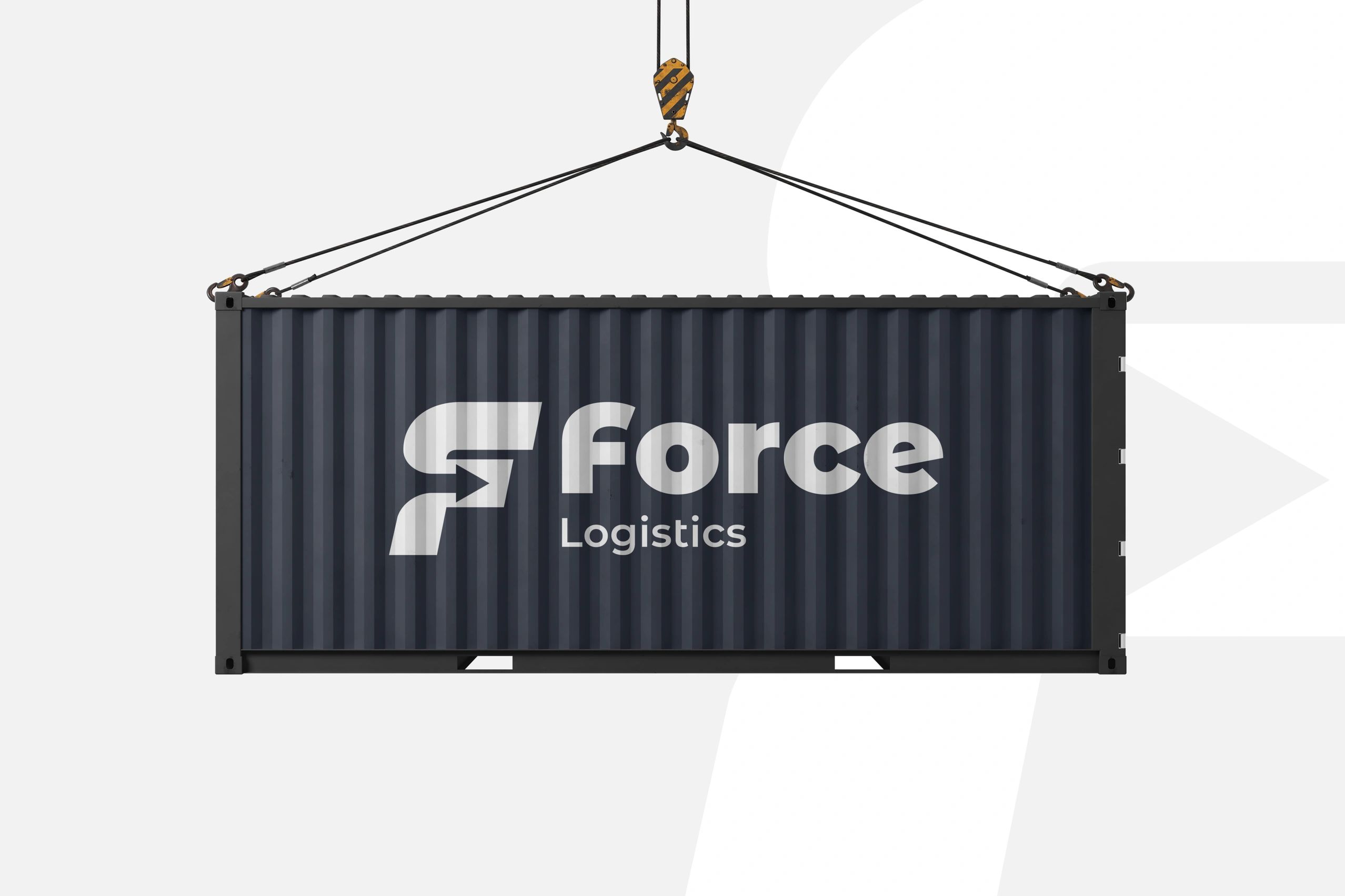 A shipping container labeled "Force Logistics" being hoisted by a crane.