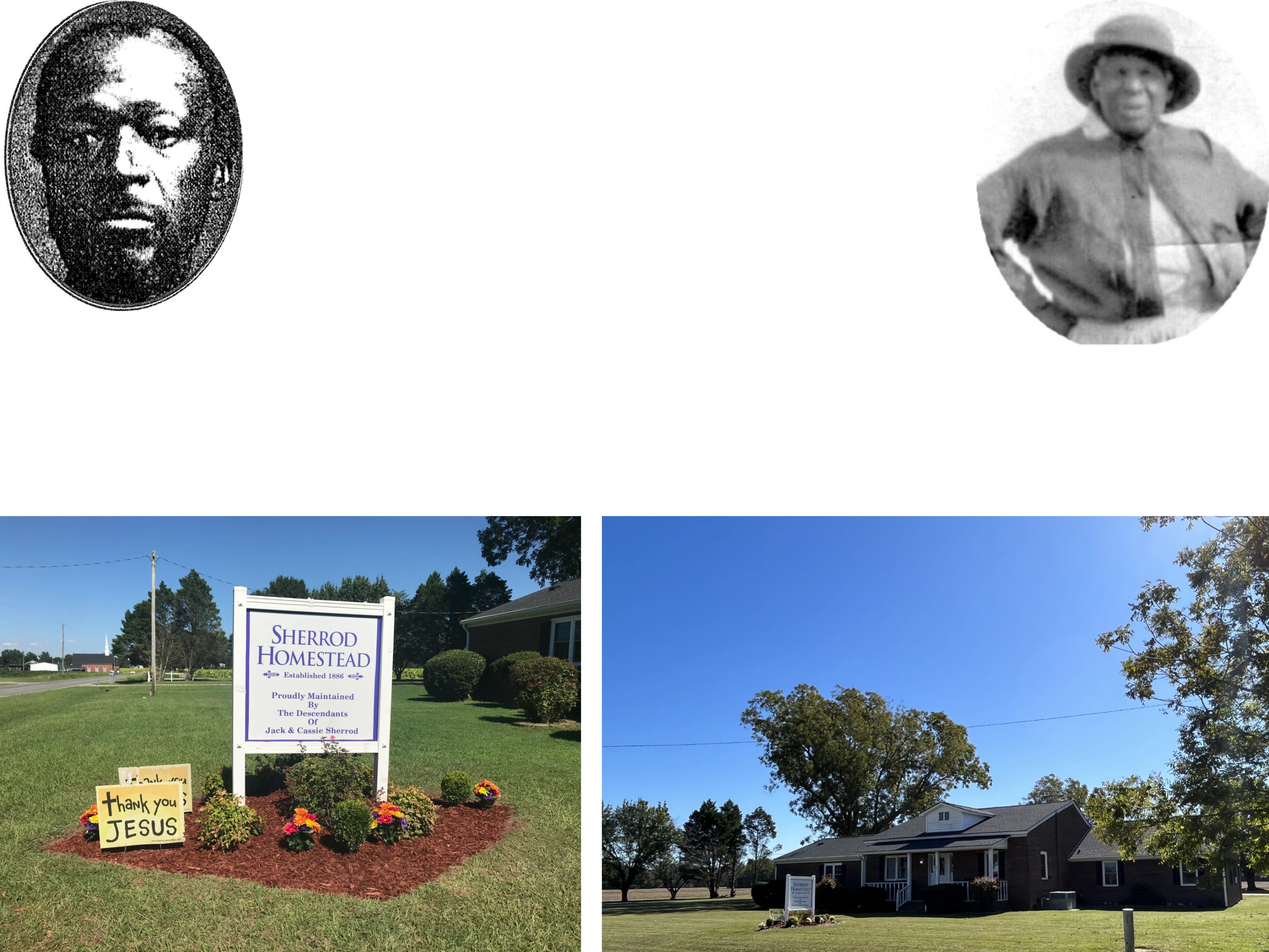 Sign for Sherrod Homestead with colorful flowers and a 'thank you JESUS' sign nearby.