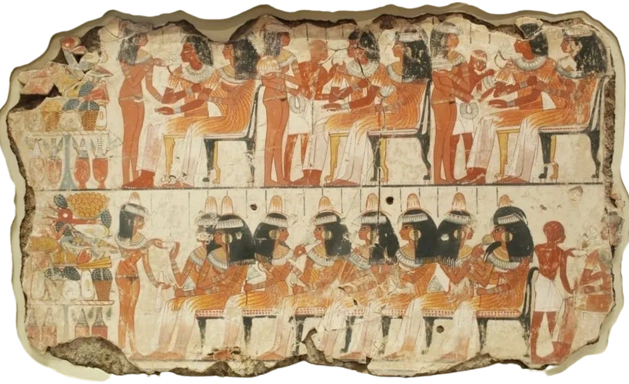 Ancient Egyptian tomb painting depicting seated figures and attendants.