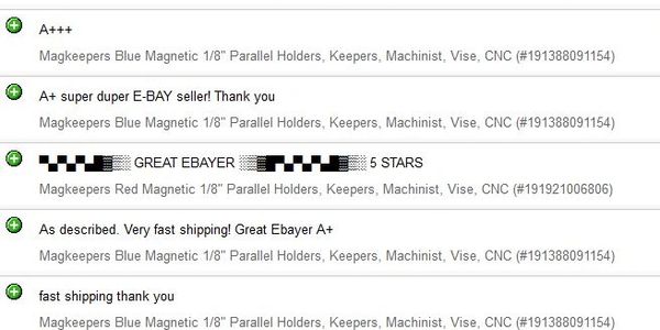 ebay feedback for MagKeepers seller magnetic 1/8" parallel holders, parallel keepers