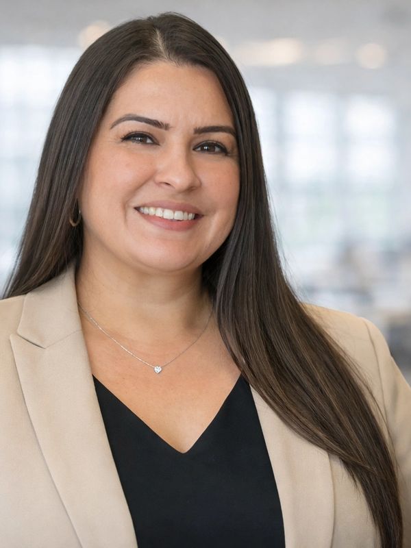 Confident woman smiling in professional attire with long brown hair.