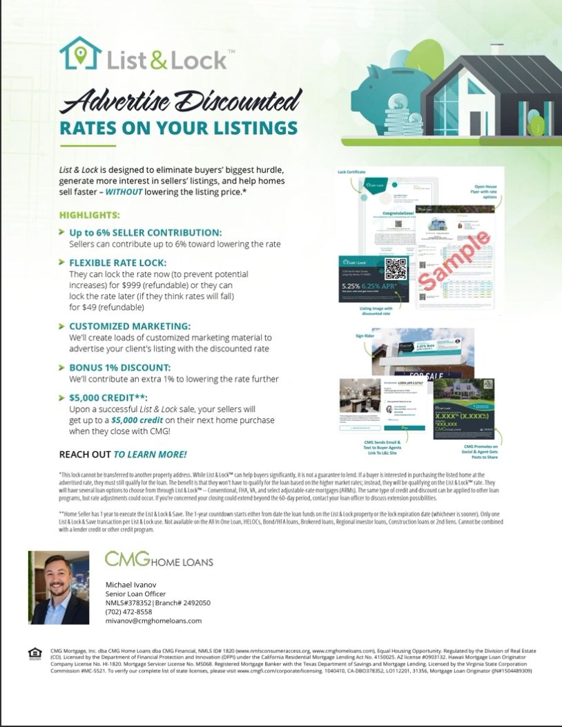Flyer promoting discounted rates on home loan listings with flexible options and marketing support.