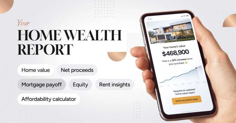Mobile app showing a home wealth report with property value and financial insights.