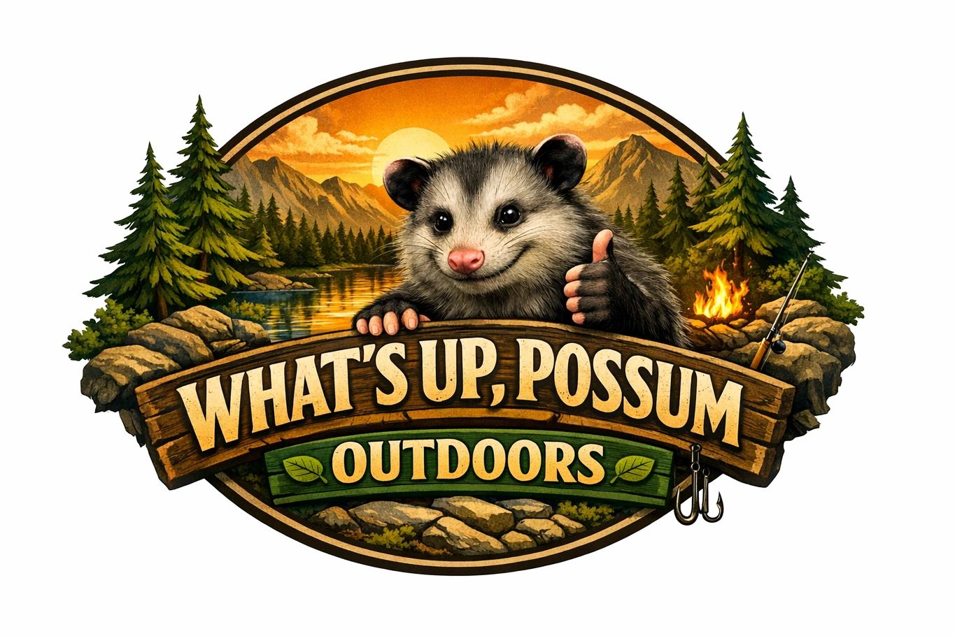A happy possum giving thumbs up with outdoor scenery and text.