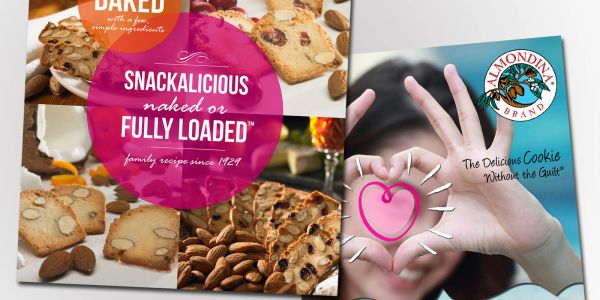 Almondina Brand cookies with almonds, advertised as snackalicious and baked with simple ingredients.