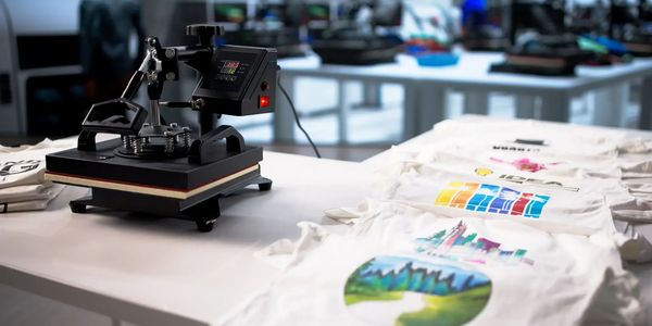 Heat press machine and printed t-shirts arranged on a table in a workshop.