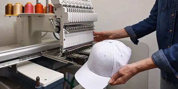 Person holding a white cap near an embroidery machine.