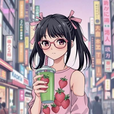 Anime girl with glasses sipping a green drink in a city street. (Voiceover, Voice Acting)