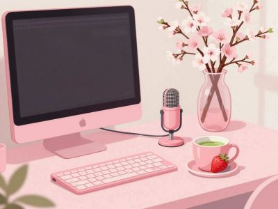 A pink-themed workspace with a computer, microphone, and tea.