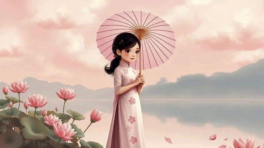 Young girl in traditional dress holding a pink umbrella among lotus flowers by a serene lake.