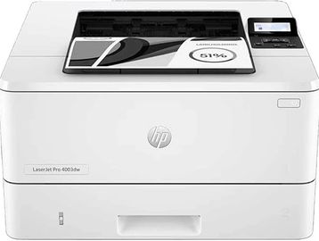 HP LaserJet Pro 4003dw printer printing a black and white page.