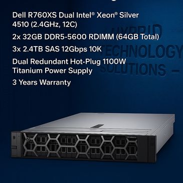 Dell R760XS Server – Dual Xeon Silver 4510, 12-Bay, 64GB RAM, 3x2.4TB SAS, PERC H755, iDRAC9, 1100W