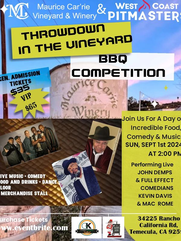 BBQ competition at Maurice Car'rie Vineyard with live music, comedy, and food on Sept 1, 2024.