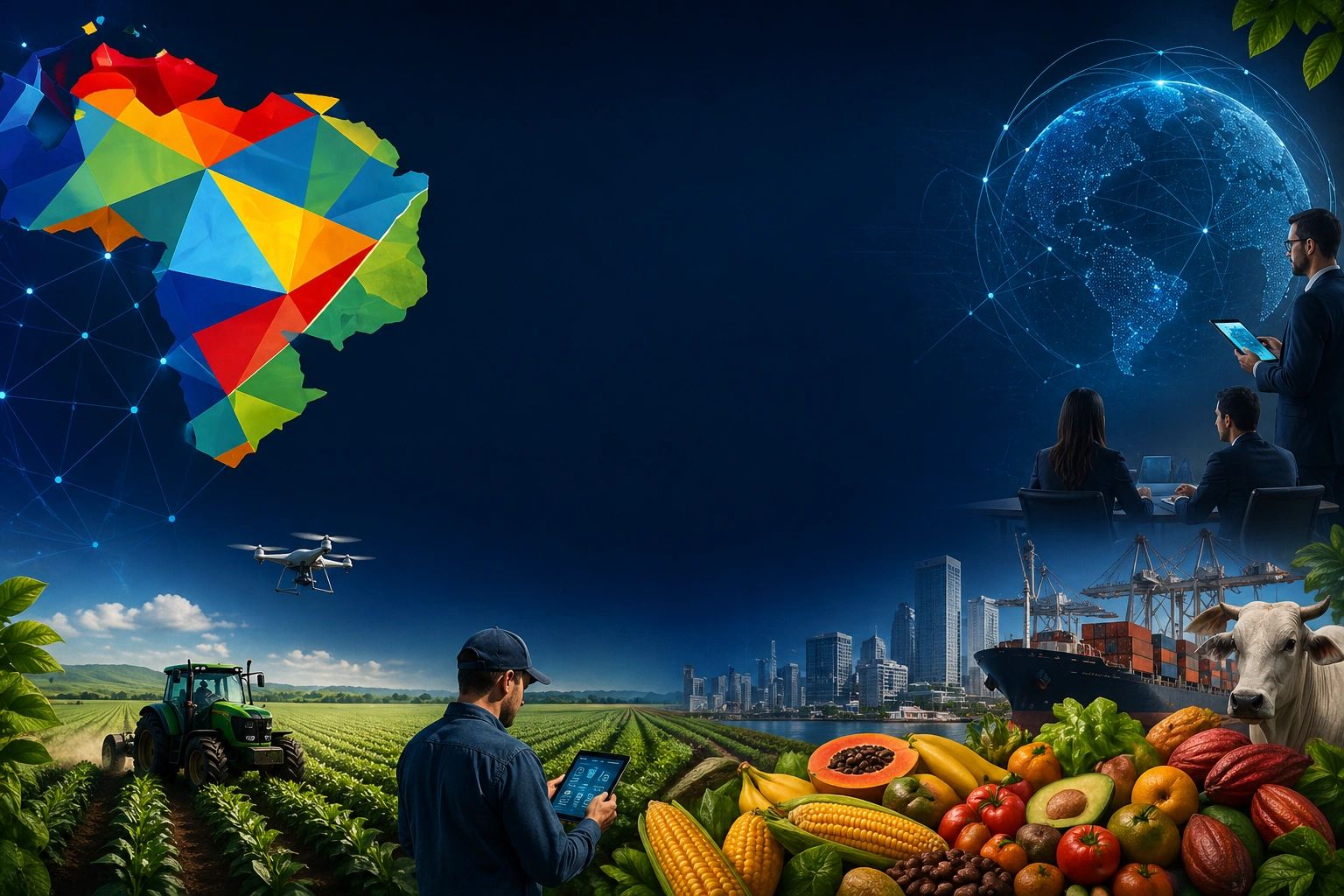 Representación de agricultura, comercio y tecnología en Brasil.