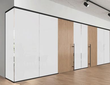 Modern office space with smart film and wooden sliding doors.