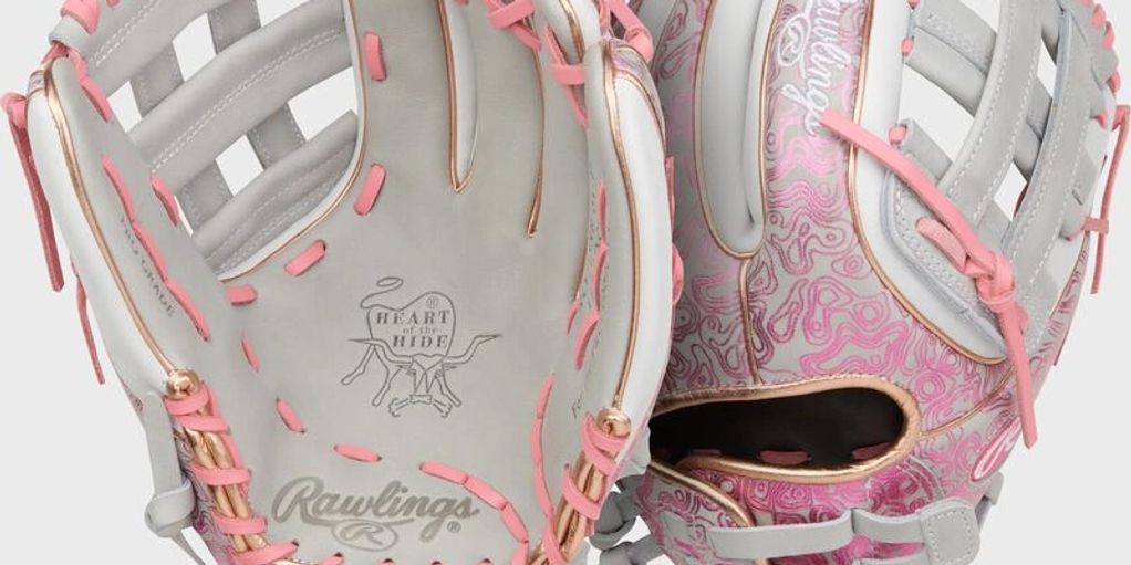 Gray and pink Rawlings baseball glove with intricate designs and lacing.