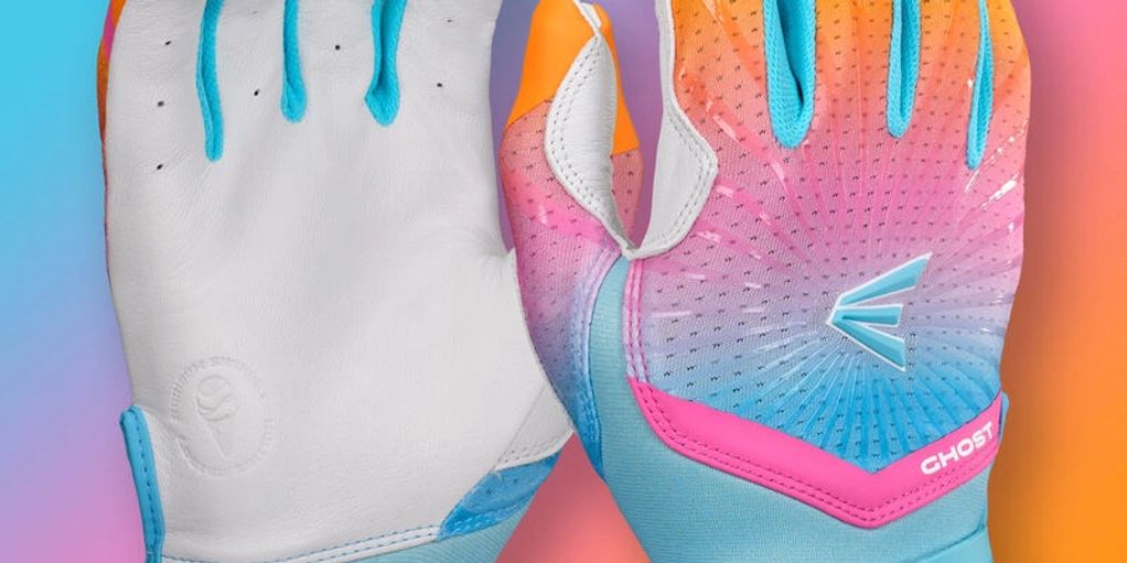 Colorful sports gloves with a gradient design and blue accents.