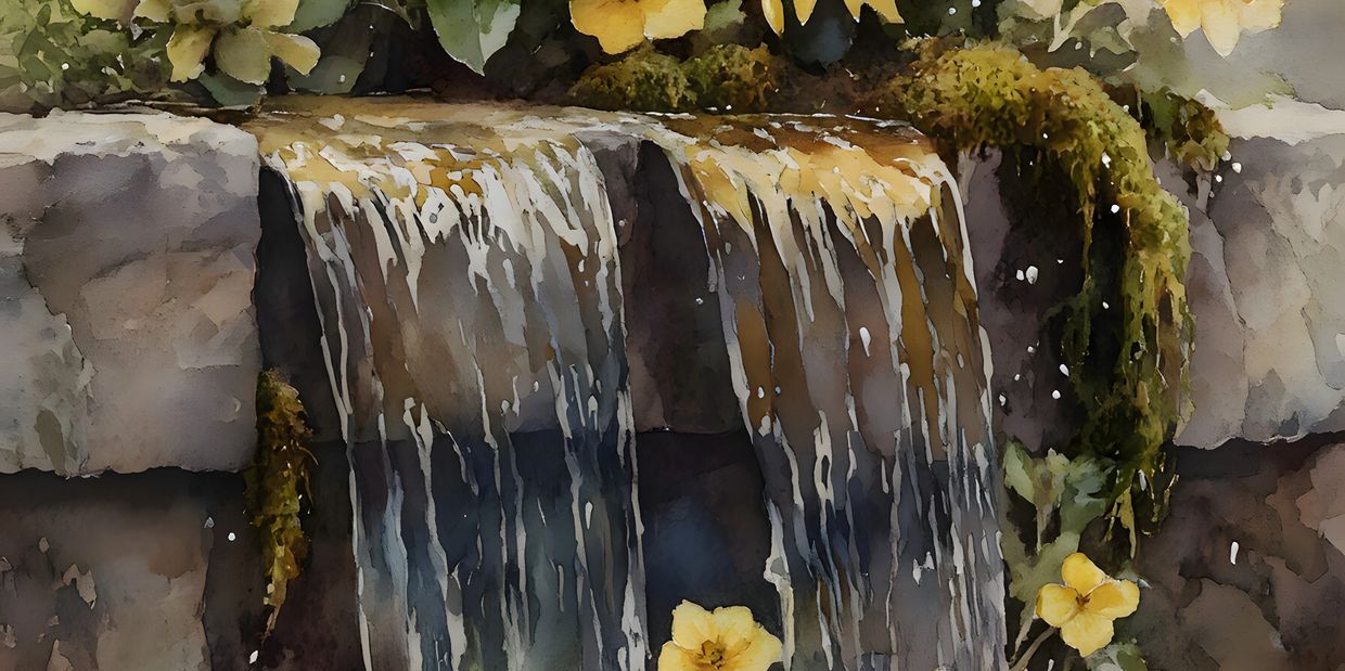 Waterfall with yellow flowers and moss on rocks.