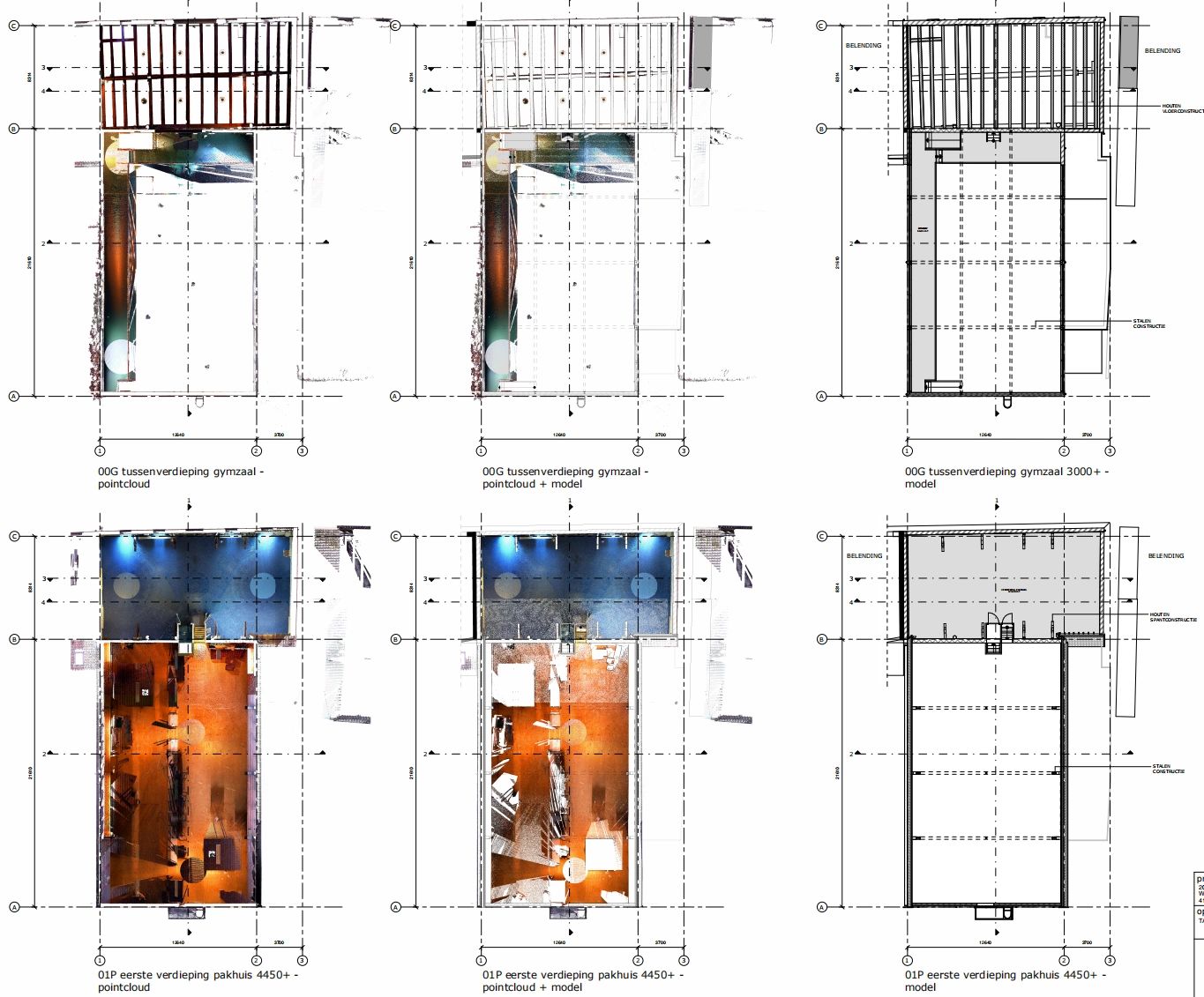Bouwtekeningen en pointclouds van gymzaal en pakhuis.
