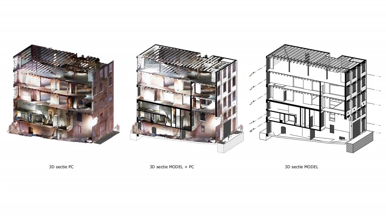 3D doorsneden van een gebouw in pc en modelvorm.