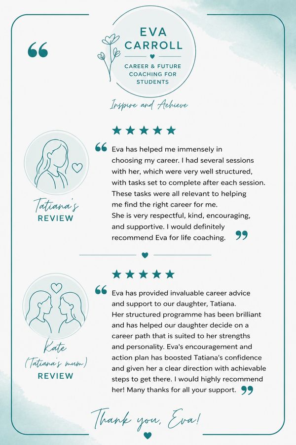 Reviews praising Eva Carroll's career coaching for students.