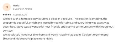 Guest praises Steve's beautiful, comfortable Airbnb in Vaucluse.