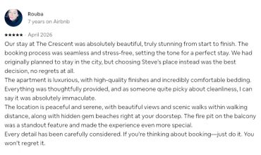 Positive Airbnb review praising The Crescent's beauty and amenities.