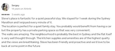 Positive review praising Steve's Airbnb for its peaceful location and great amenities.