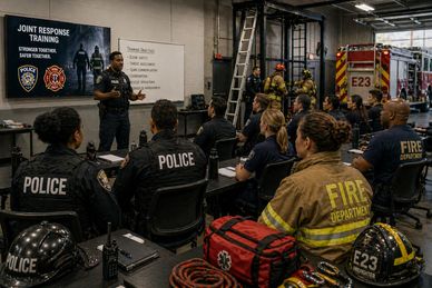 Police and fire department personnel attend a joint response training session.