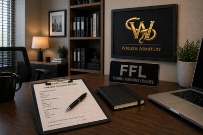 Office desk with firearm transfer record and Welkin Armoury sign.