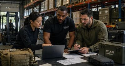 Three colleagues collaborate over documents and a laptop in a warehouse setting.