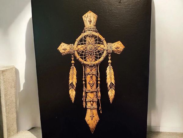 Laser engraved Cross on painted canvas