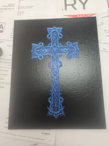Another laser engraved cross on painted canvas