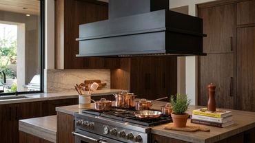 Custom steel range hood with powder coat finish by Tin Works in modern kitchen