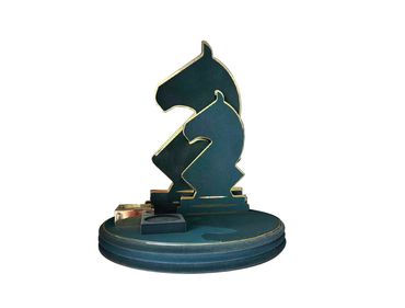 MDF laser cut the shape. Metal frame with shinny gold plating to highlight the product.