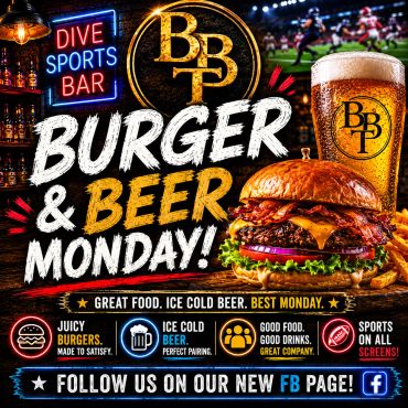Dive Sports Bar promotion for Burger & Beer Monday.