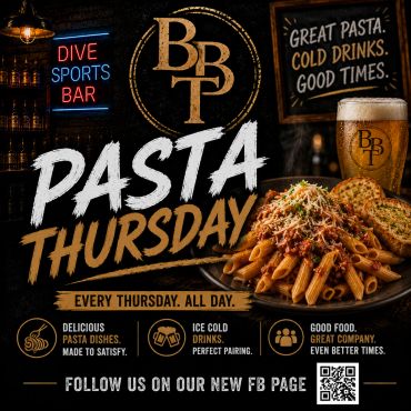 Pasta Thursday event at BBT Dive Sports Bar.