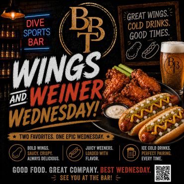 Bar promotion for Wings and Weiner Wednesday with food and drinks.