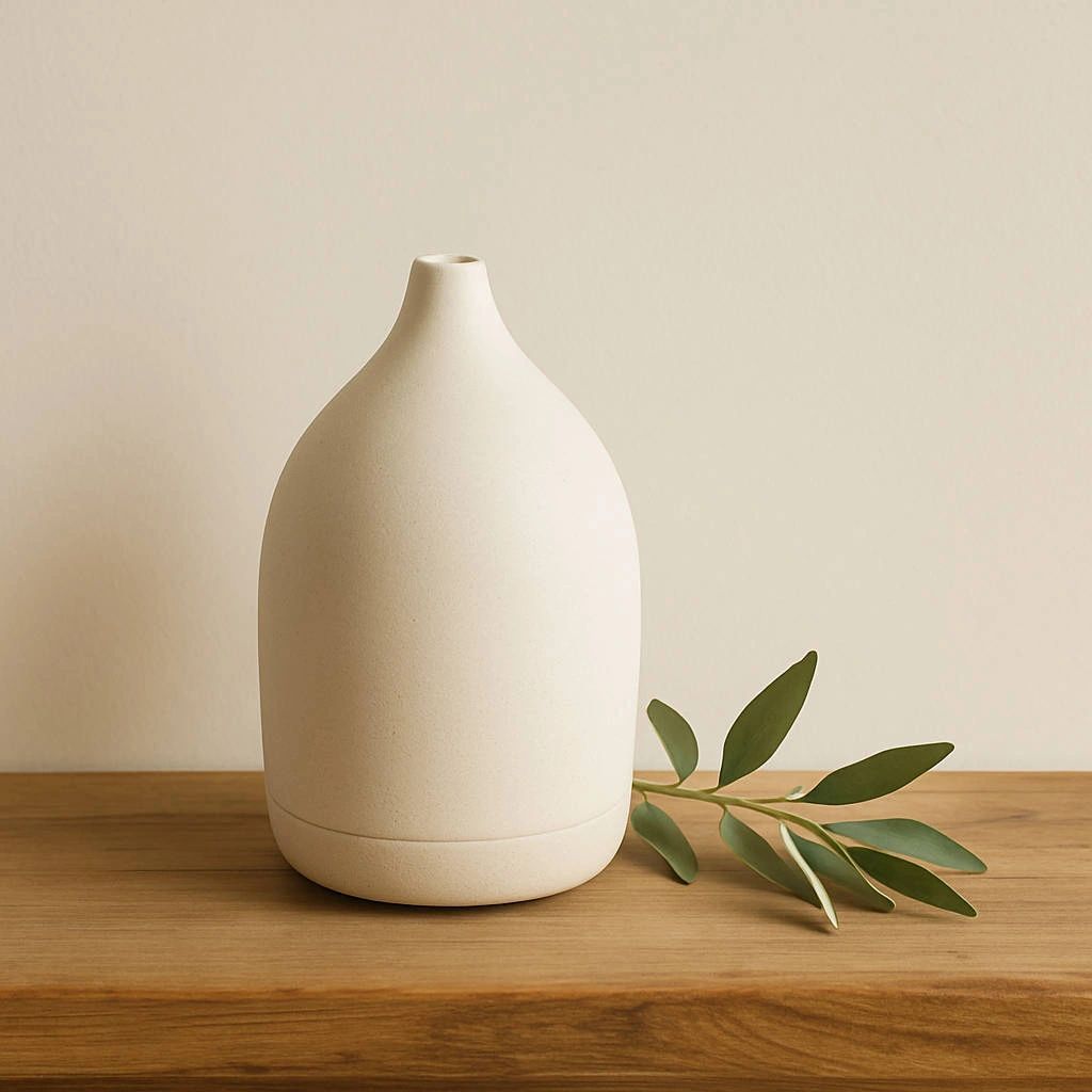 Ceramic minimal essential oil diffuser with eucalyptus leaves on wooden table