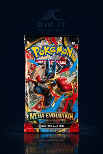 Pokémon Mega Evolution trading card game pack featuring Lucario on the cover.
