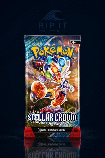 Pack of Pokémon Scarlet & Violet Stellar Crown trading cards.