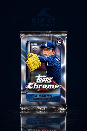 2025 Topps Chrome baseball card pack featuring a pitcher in a Dodgers uniform.