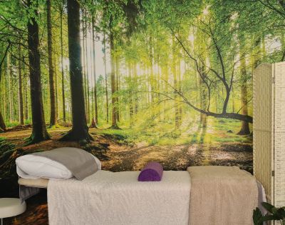 Massage table in a room with forest wall mural.